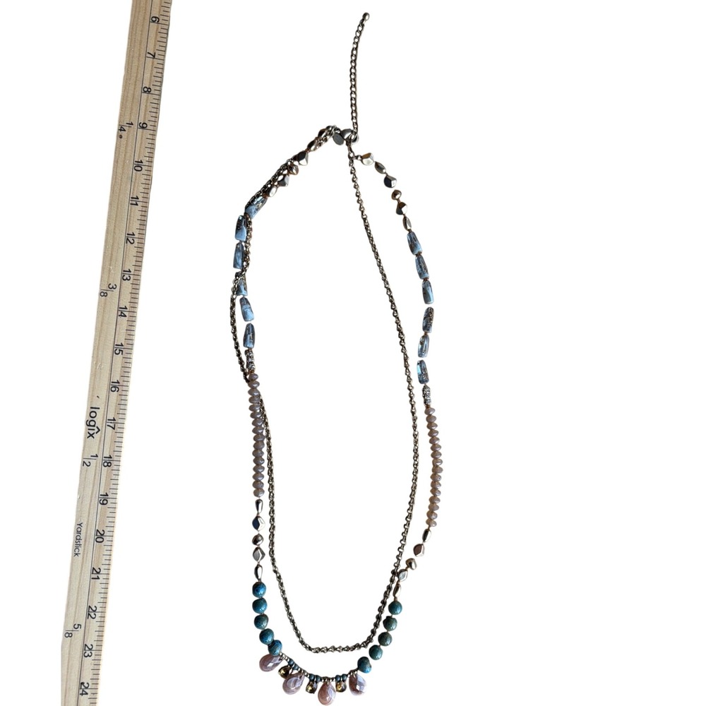 Express Multi Strand Layered Beaded Necklace Blue Teal Mauve Gold Tone Boho
